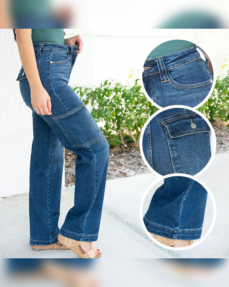 Jeans Dame Høy Midje Cargo Bredt Ben Stretch