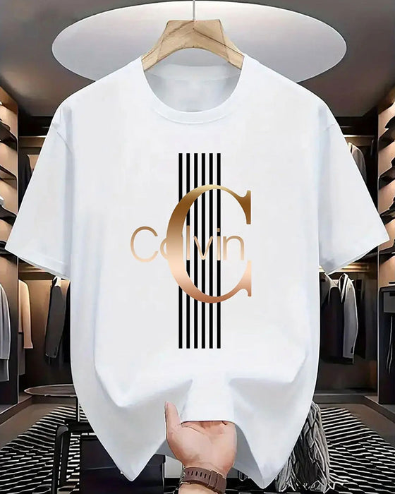 T-Skjorte Bokstav Vertikal Stripe Trykk Kort Erme
