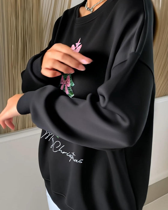 Crewneck Sweatshirt Med Juletrykk Og Lange Ermer