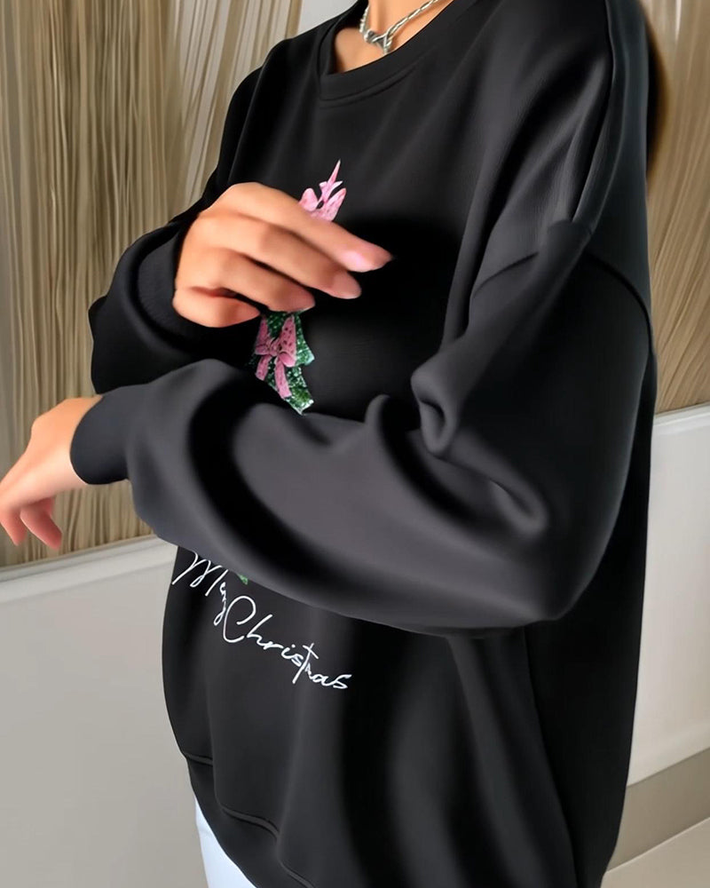 Crewneck Sweatshirt Med Juletrykk Og Lange Ermer