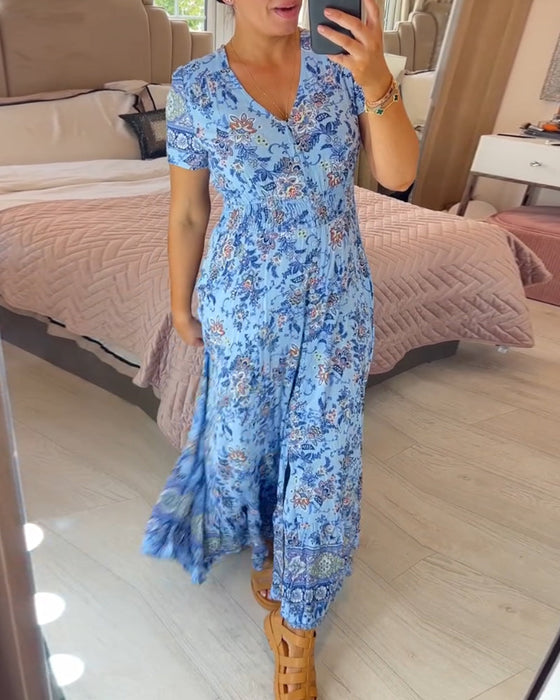 V-hals kjole med blomstertrykk