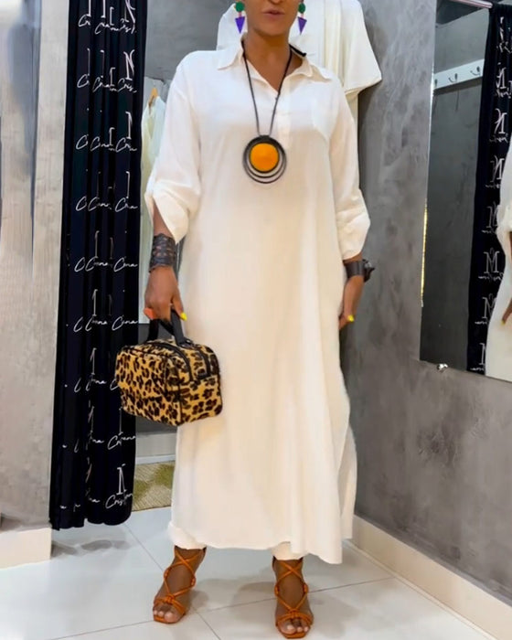 Fastfarge kjole med jakkeslag og lomme