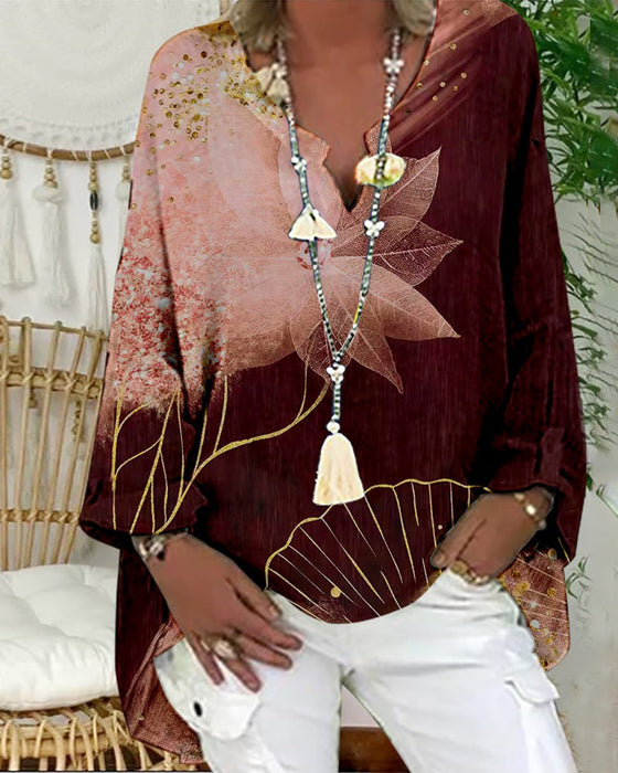 Topp med langermet med v-hals med trykt