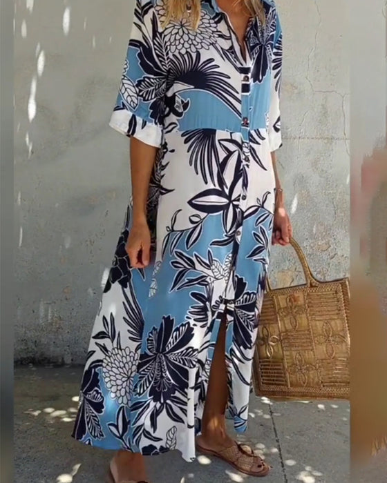 Uformell skjortekjole med blomstertrykk