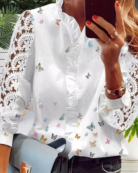 Bluse med lappeteppetrykk for kvinner