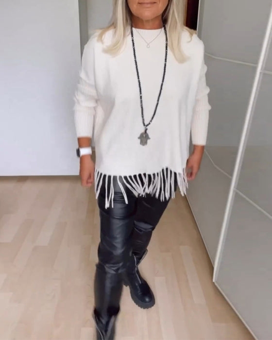 Ensfarget fritidsgenser med frynser