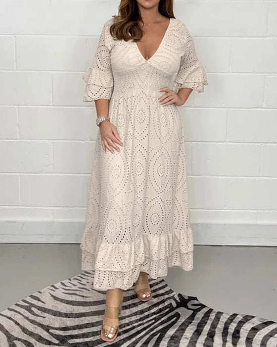 Løs v-hals høy midje kjole i ensfarget