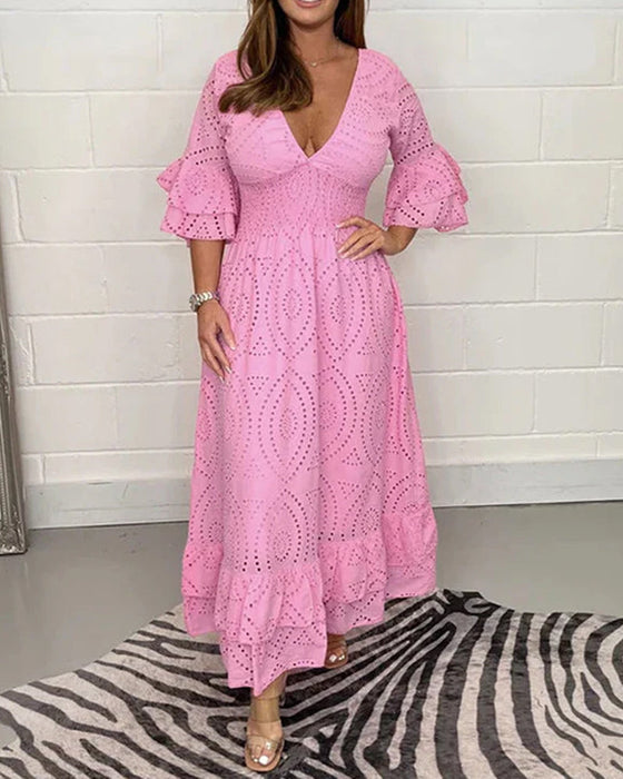 Løs v-hals høy midje kjole i ensfarget