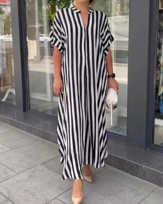 Skjortekjole med V-hals i stripetrykk