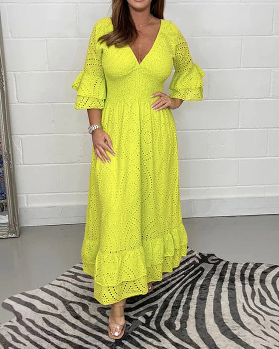 Løs v-hals høy midje kjole i ensfarget