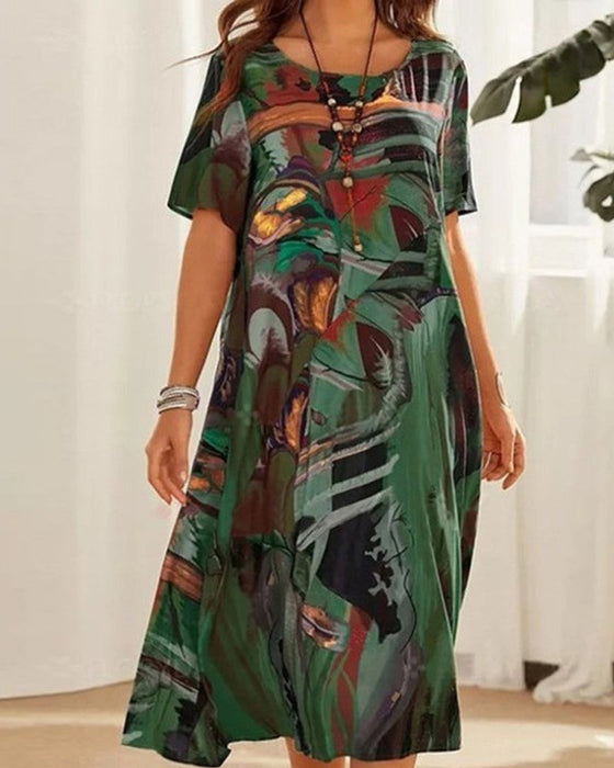 Skiftkjole med rund hals i geometrisk trykk