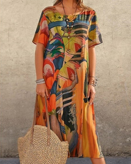 Skiftkjole med rund hals i geometrisk trykk