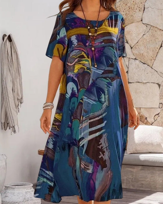 Skiftkjole med rund hals i geometrisk trykk