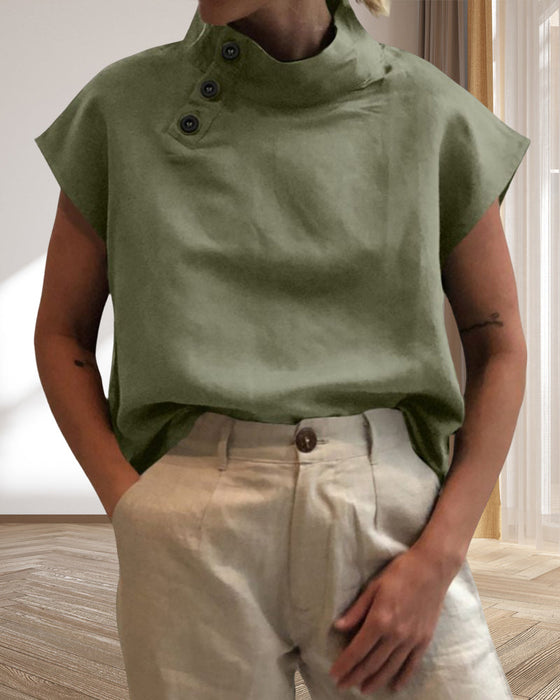 Topp med knapper og stativkrage i bomull og lin