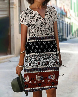 V-hals kjole med fargeblokktrykk