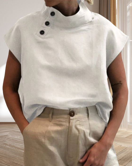 Topp med knapper og stativkrage i bomull og lin