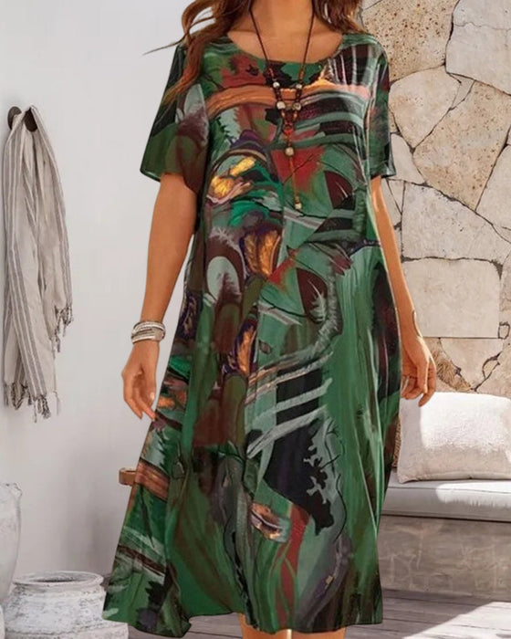 Skiftkjole med rund hals i geometrisk trykk