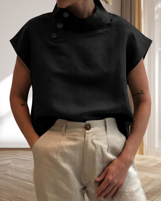 Topp med knapper og stativkrage i bomull og lin