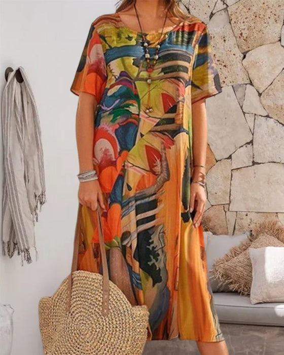 Skiftkjole med rund hals i geometrisk trykk