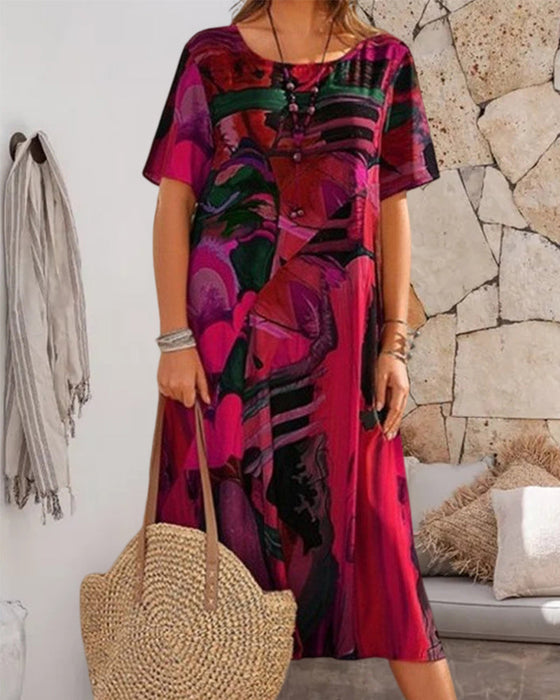 Skiftkjole med rund hals i geometrisk trykk