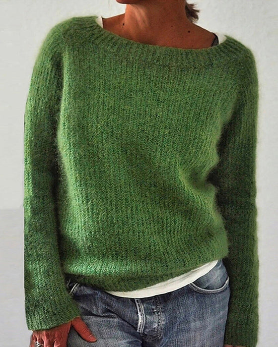 Langermet ensfarget genser med rund hals