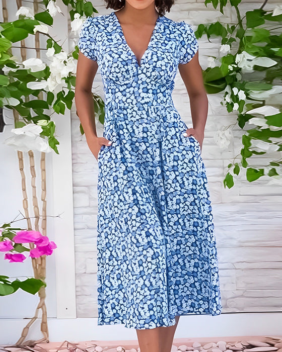 V-hals kjole med blomstertrykk