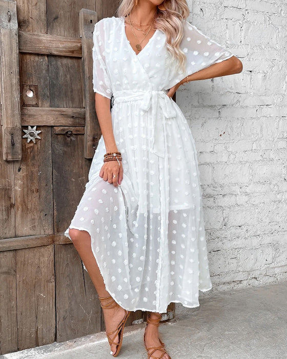 V-hals elegant kjole i ensfarget