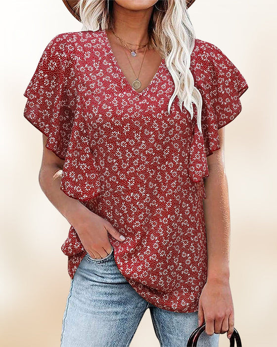 V-hals floral plissert bluse med korte ermer