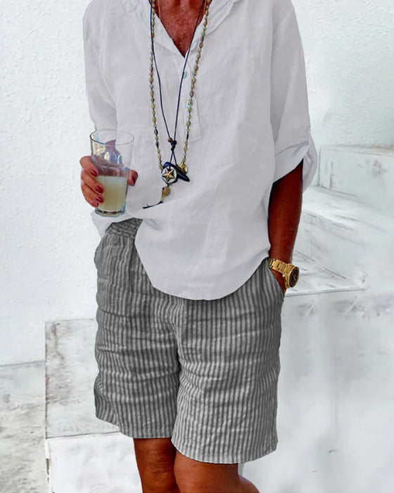 Shorts med stripetrykk i bomull og lin