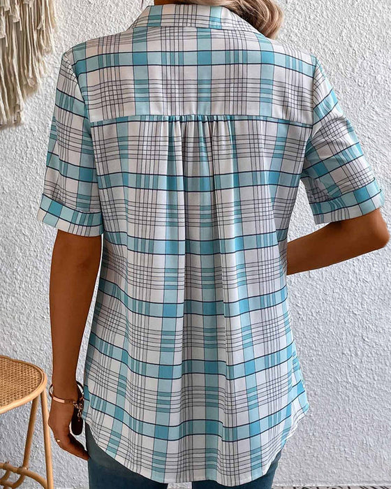 Bluse med jakkekrage i rutete trykk