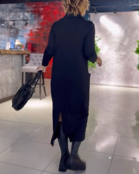 Ensfarget Kjole Med Rund Hals Og Lomme