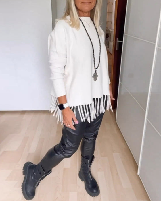 Ensfarget fritidsgenser med frynser