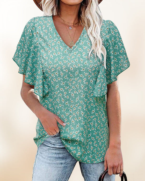 V-hals floral plissert bluse med korte ermer