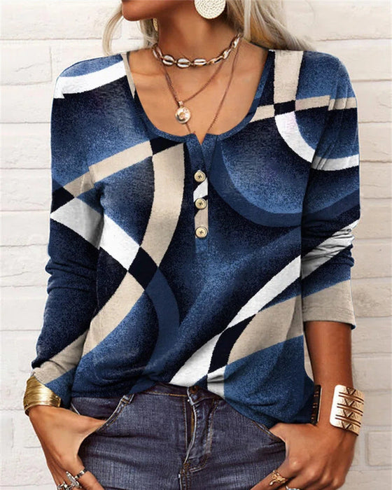 Langermet trykt topp med U-hals