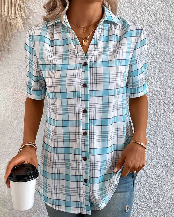 Bluse med jakkekrage i rutete trykk