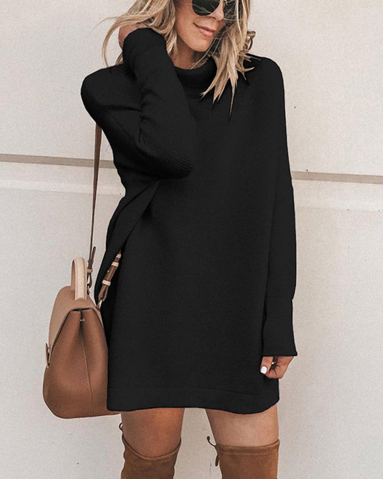 Ensfarget uformelt løs kjole med Høy hals