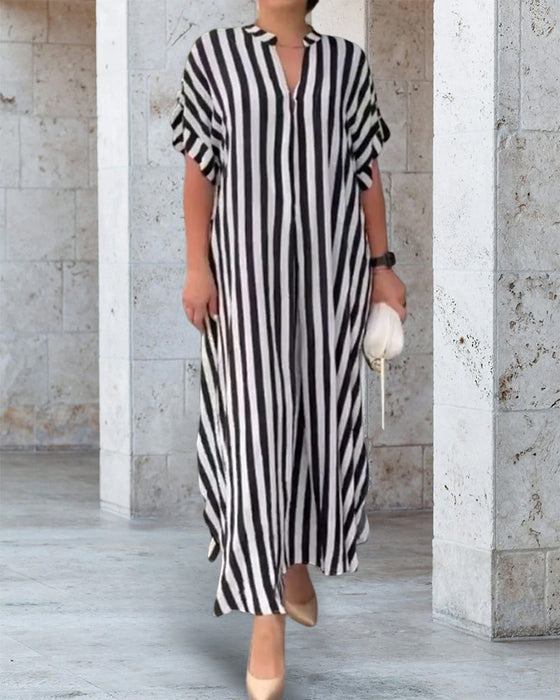 Skjortekjole med V-hals i stripetrykk