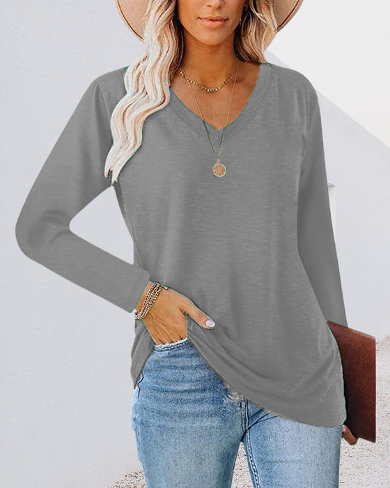 V-hals ensfarget langermet t-skjorte