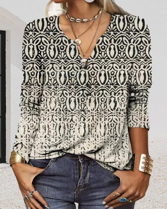 Langermet topp med V-hals og trykk