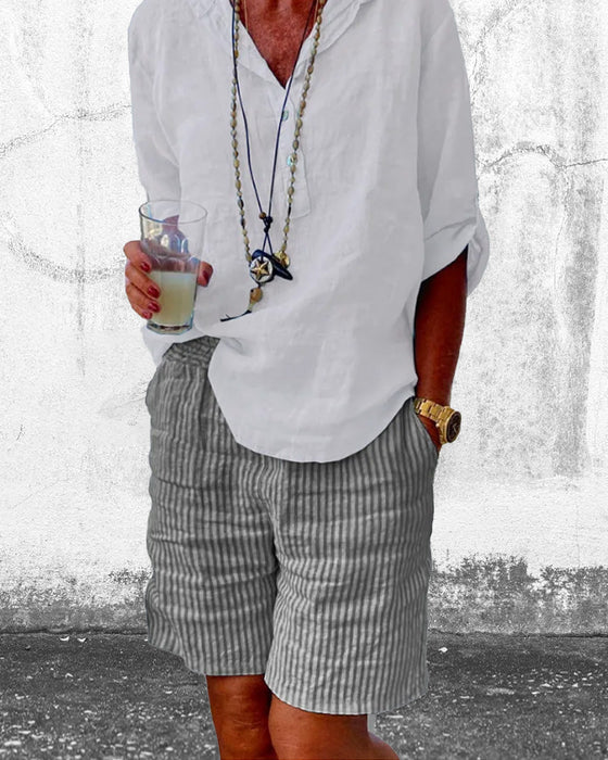 Shorts med stripetrykk i bomull og lin