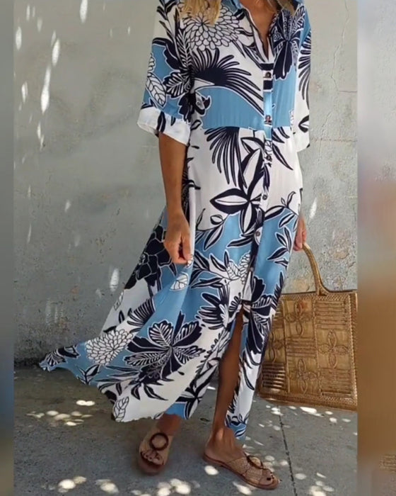 Uformell skjortekjole med blomstertrykk