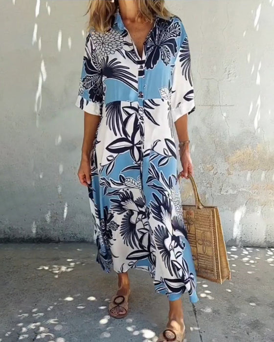 Uformell skjortekjole med blomstertrykk