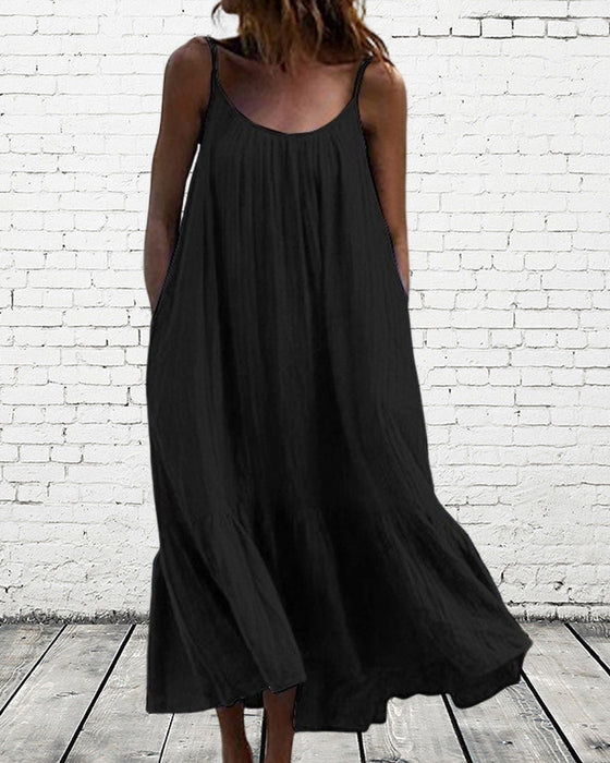 Ensfarget ermeløs midikjole