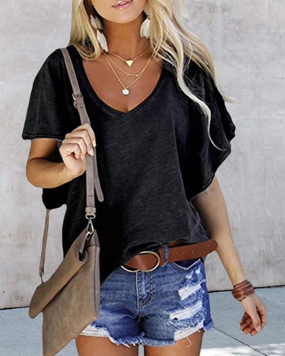 Ensfarget T-skjorte med volangermer