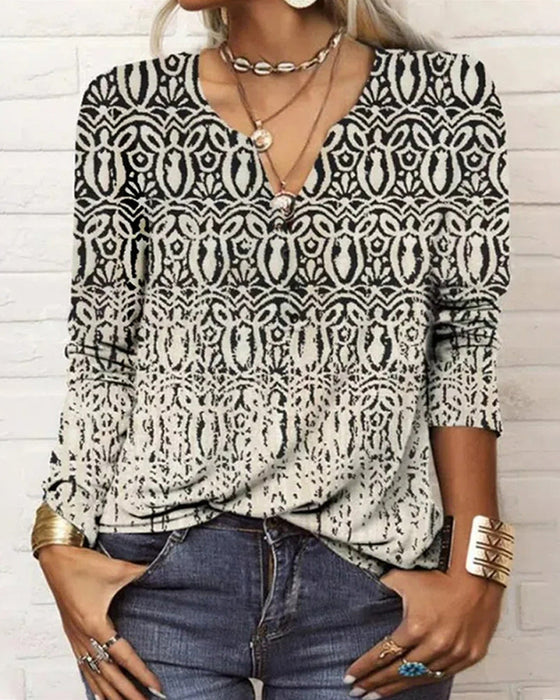 Langermet topp med V-hals og trykk