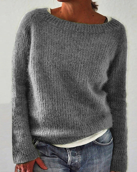 Langermet ensfarget genser med rund hals