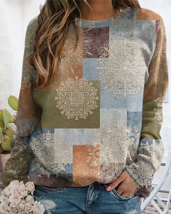 Trykt genser med rund hals og fargeblokk