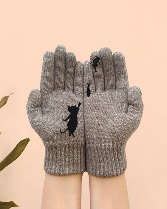 Strikkehansker med kattunge og fisk trykt