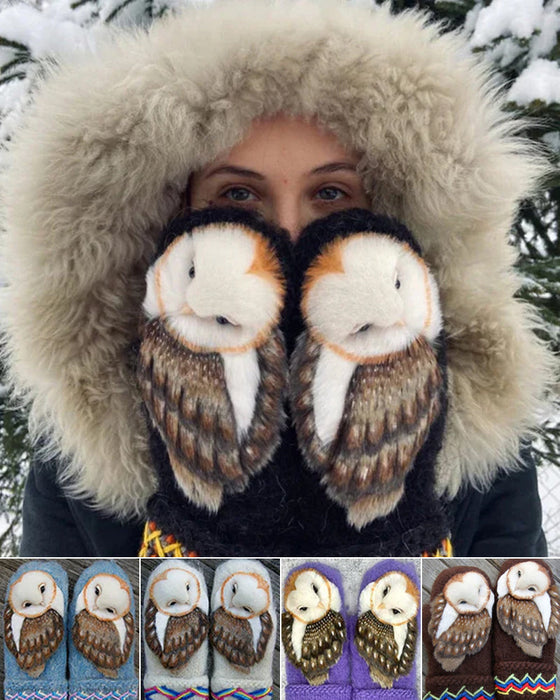 Håndvevde nordiske hansker i ull med ugler