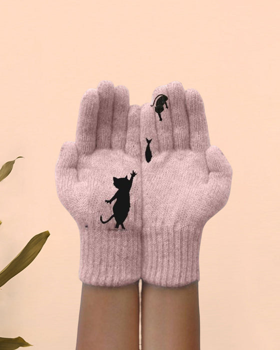 Strikkehansker med kattunge og fisk trykt